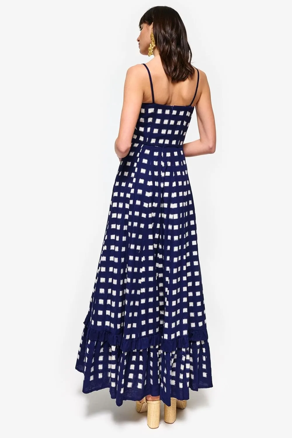 HYxwrjoker Women Summer Spaghetti Strap Maxi Dresses Striped Checkerboard Boho Long Dress Flowy A Line Beach Sundresses
