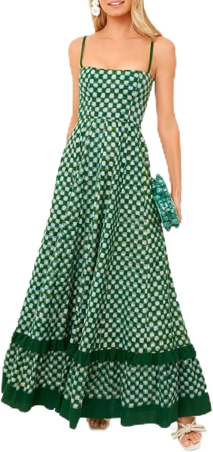 HYxwrjoker Women Summer Spaghetti Strap Maxi Dresses Striped Checkerboard Boho Long Dress Flowy A Line Beach Sundresses