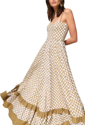 HYxwrjoker Women Summer Spaghetti Strap Maxi Dresses Striped Checkerboard Boho Long Dress Flowy A Line Beach Sundresses
