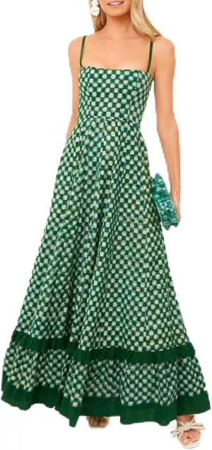 HYxwrjoker Women Summer Spaghetti Strap Maxi Dresses Striped Checkerboard Boho Long Dress Flowy A Line Beach Sundresses