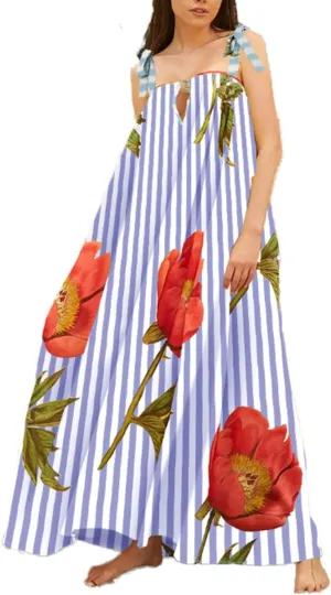 HYxwrjoker Women Summer Spaghetti Strap Maxi Dresses Striped Checkerboard Boho Long Dress Flowy A Line Beach Sundresses