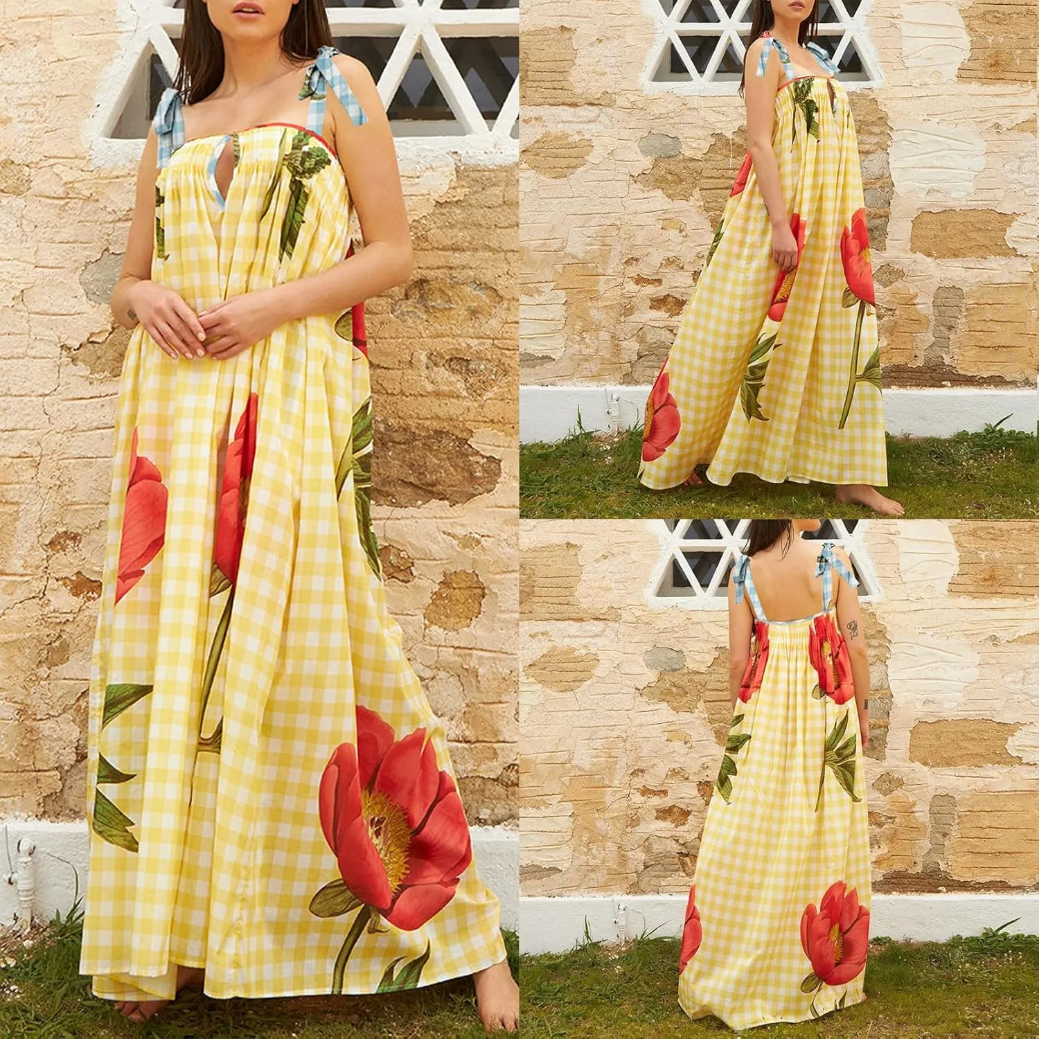 HYxwrjoker Women Summer Spaghetti Strap Maxi Dresses Striped Checkerboard Boho Long Dress Flowy A Line Beach Sundresses