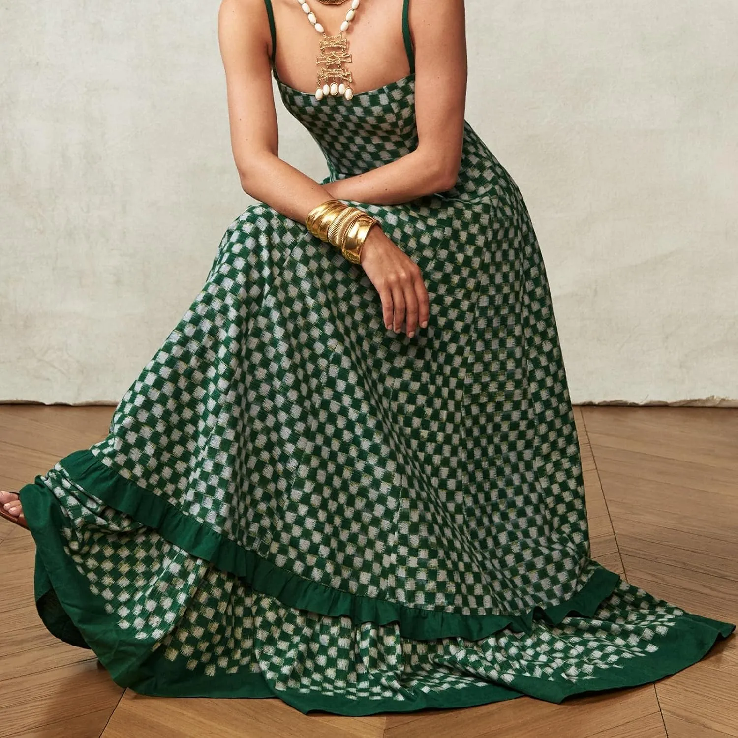 HYxwrjoker Women Summer Spaghetti Strap Maxi Dresses Striped Checkerboard Boho Long Dress Flowy A Line Beach Sundresses