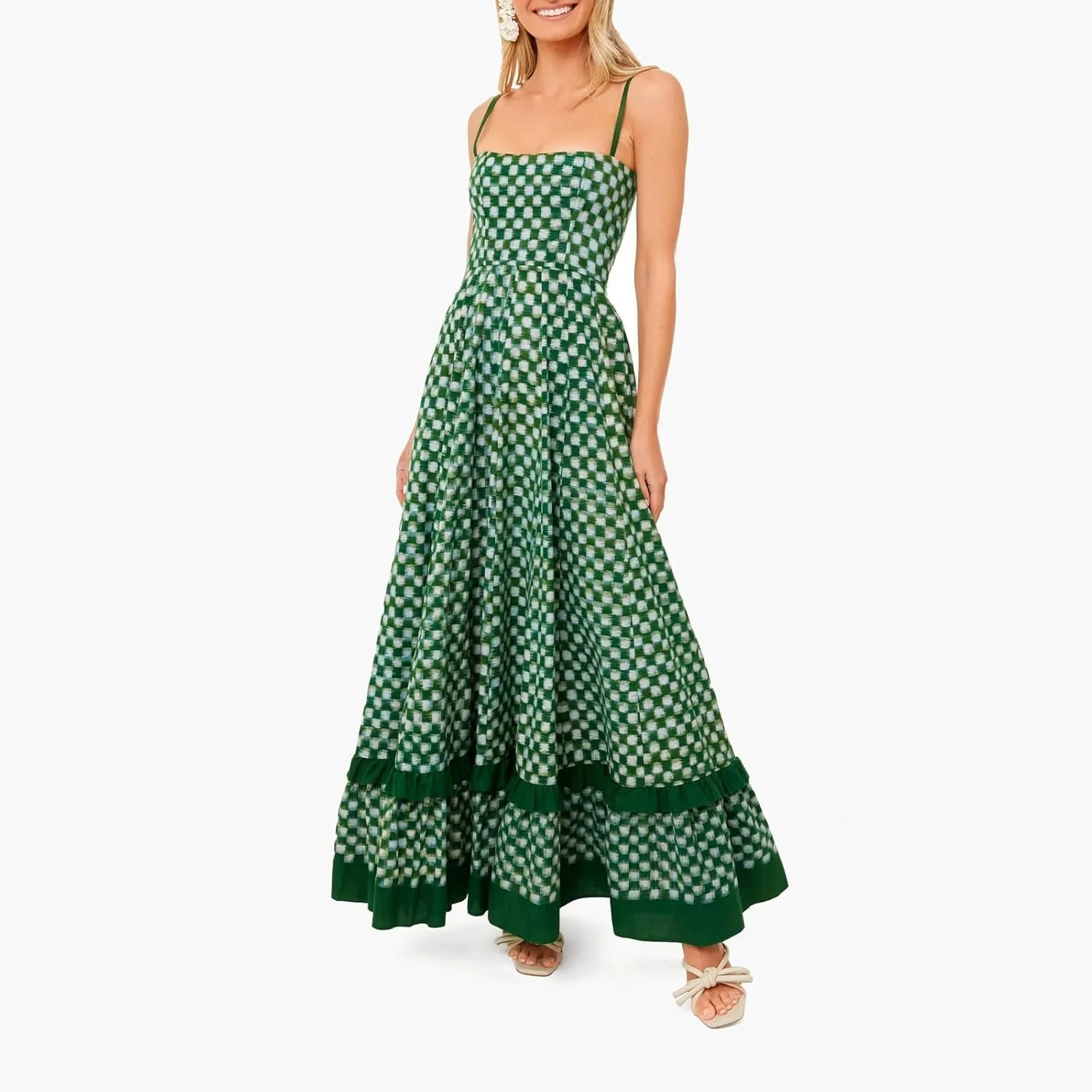 HYxwrjoker Women Summer Spaghetti Strap Maxi Dresses Striped Checkerboard Boho Long Dress Flowy A Line Beach Sundresses