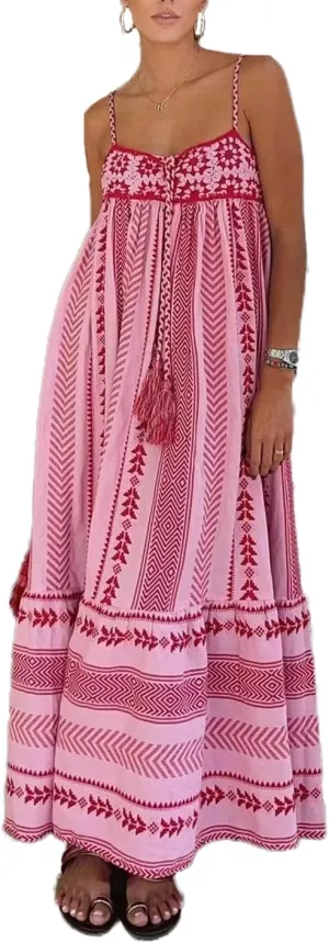HYxwrjoker Women Summer Spaghetti Strap Maxi Dresses Striped Checkerboard Boho Long Dress Flowy A Line Beach Sundresses