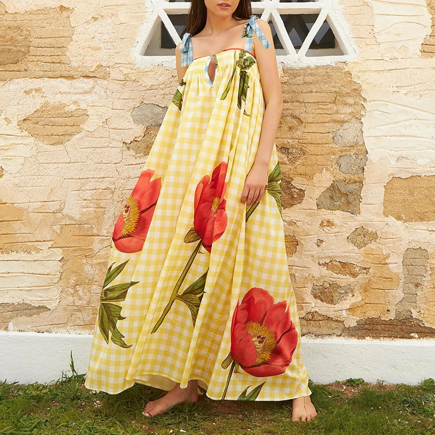 HYxwrjoker Women Summer Spaghetti Strap Maxi Dresses Striped Checkerboard Boho Long Dress Flowy A Line Beach Sundresses