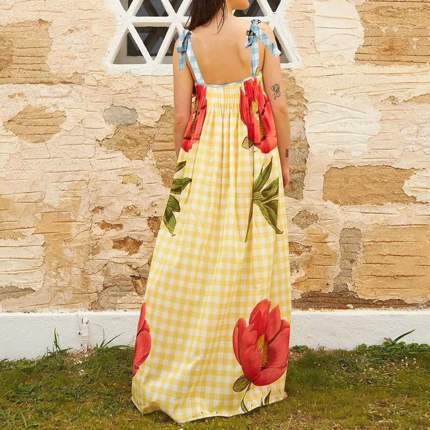 HYxwrjoker Women Summer Spaghetti Strap Maxi Dresses Striped Checkerboard Boho Long Dress Flowy A Line Beach Sundresses