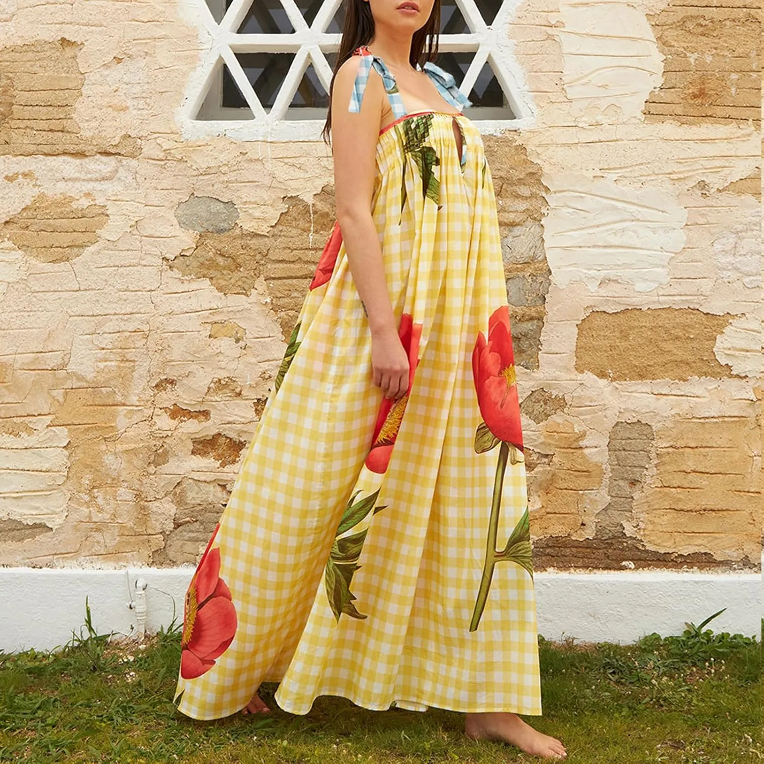 HYxwrjoker Women Summer Spaghetti Strap Maxi Dresses Striped Checkerboard Boho Long Dress Flowy A Line Beach Sundresses