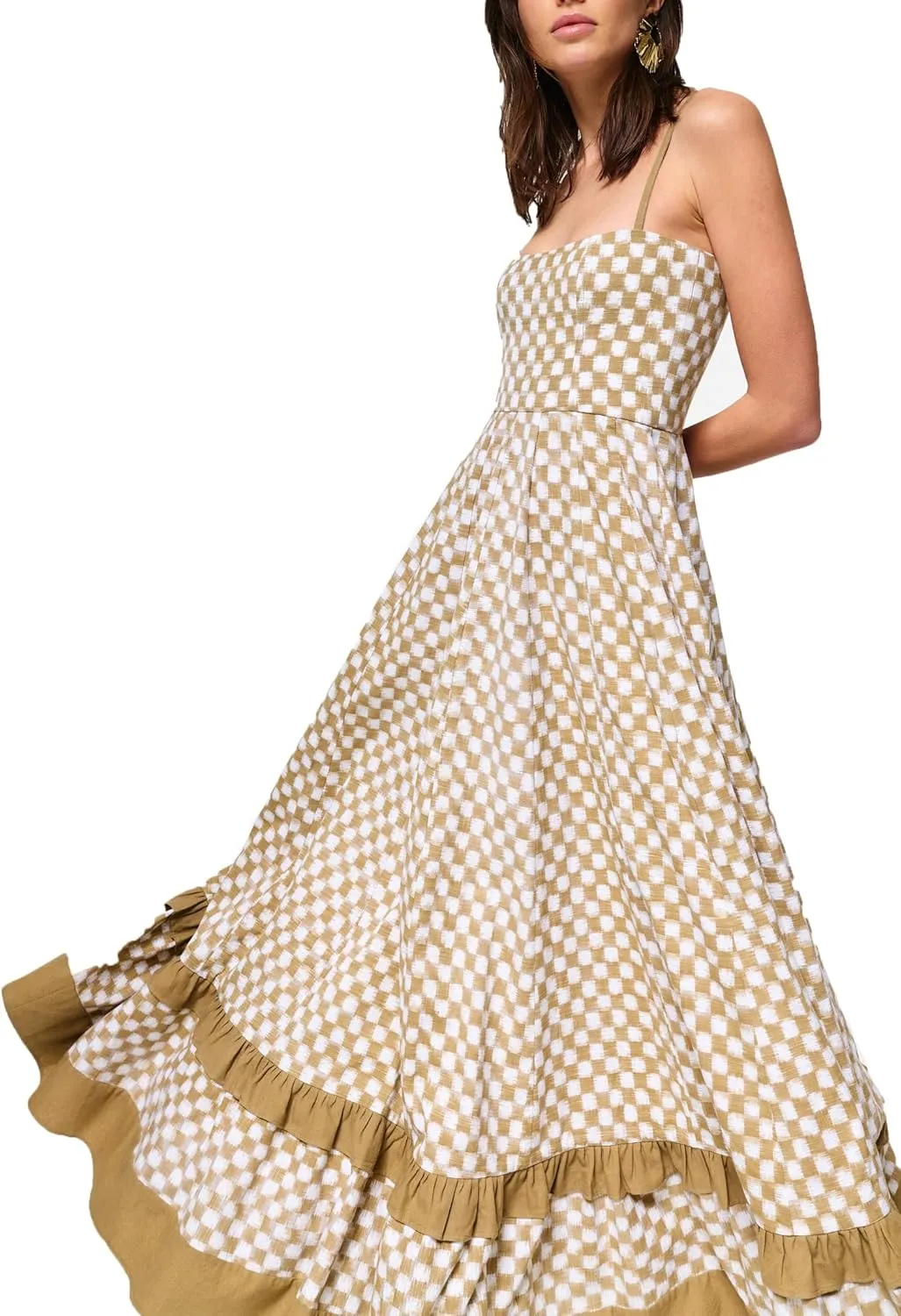 HYxwrjoker Women Summer Spaghetti Strap Maxi Dresses Striped Checkerboard Boho Long Dress Flowy A Line Beach Sundresses