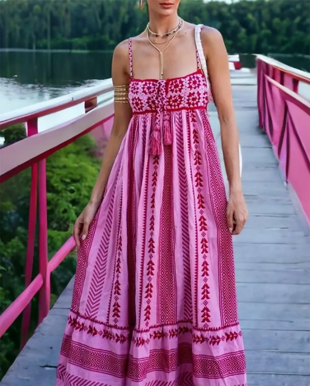 HYxwrjoker Women Summer Spaghetti Strap Maxi Dresses Striped Checkerboard Boho Long Dress Flowy A Line Beach Sundresses