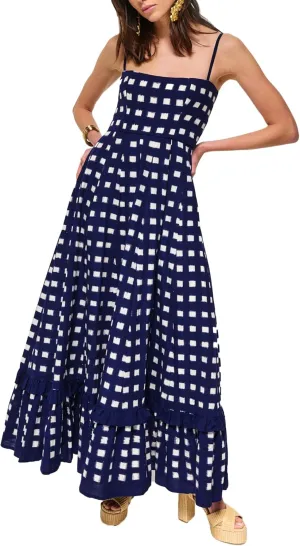 HYxwrjoker Women Summer Spaghetti Strap Maxi Dresses Striped Checkerboard Boho Long Dress Flowy A Line Beach Sundresses