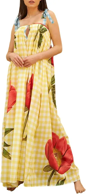 HYxwrjoker Women Summer Spaghetti Strap Maxi Dresses Striped Checkerboard Boho Long Dress Flowy A Line Beach Sundresses