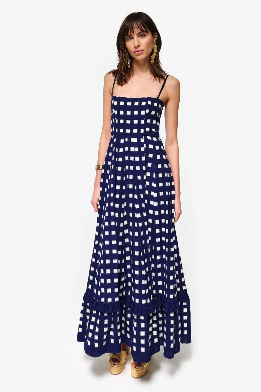 HYxwrjoker Women Summer Spaghetti Strap Maxi Dresses Striped Checkerboard Boho Long Dress Flowy A Line Beach Sundresses