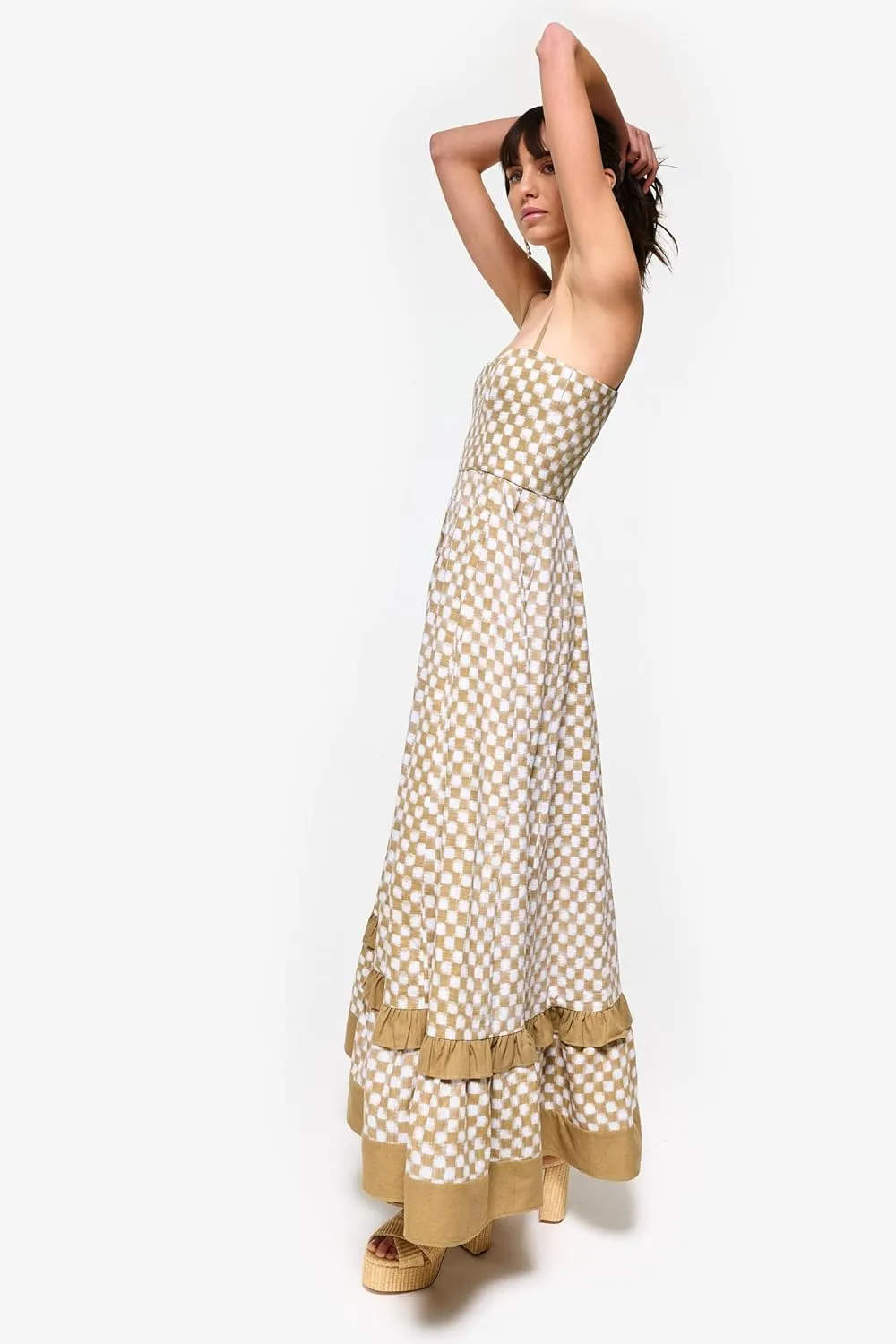 HYxwrjoker Women Summer Spaghetti Strap Maxi Dresses Striped Checkerboard Boho Long Dress Flowy A Line Beach Sundresses