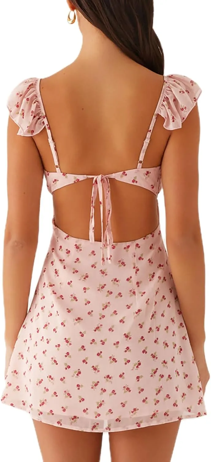 ICNGLKSND Womens Summer Deep V Neck Tie Back Ruffle Cap Sleeve Casual A-Line Short Mini Dress Summer Going Out Dresses