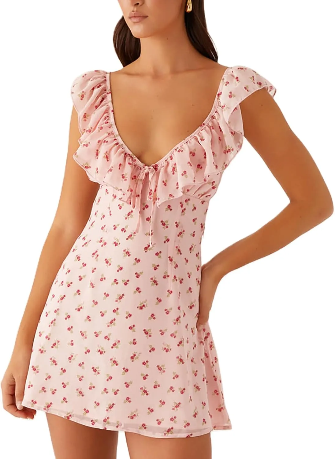 ICNGLKSND Womens Summer Deep V Neck Tie Back Ruffle Cap Sleeve Casual A-Line Short Mini Dress Summer Going Out Dresses