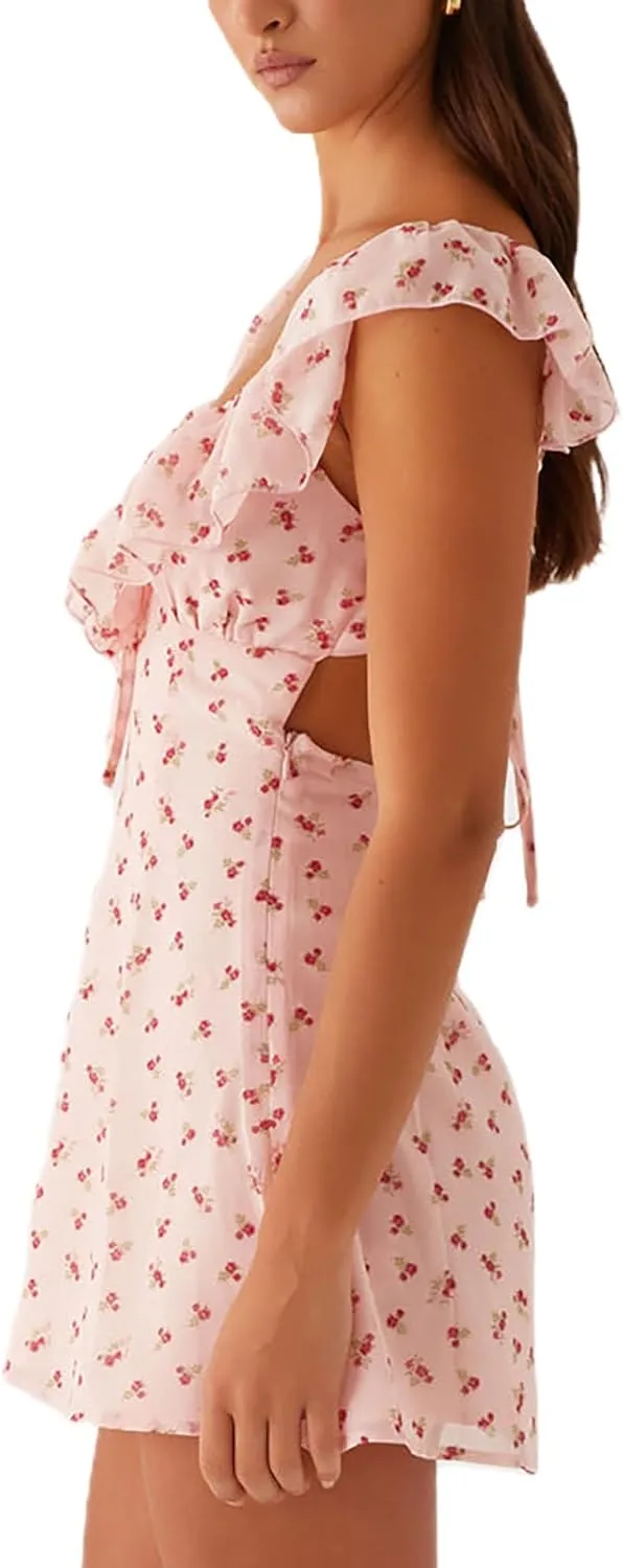 ICNGLKSND Womens Summer Deep V Neck Tie Back Ruffle Cap Sleeve Casual A-Line Short Mini Dress Summer Going Out Dresses