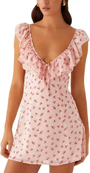 ICNGLKSND Womens Summer Deep V Neck Tie Back Ruffle Cap Sleeve Casual A-Line Short Mini Dress Summer Going Out Dresses