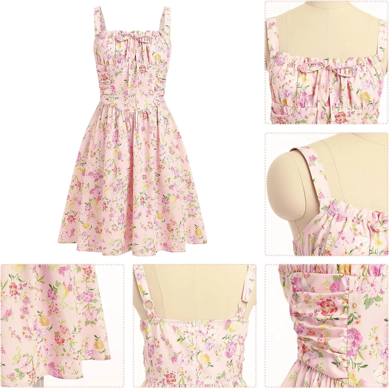 IMEKIS Women Floral Corset Dress Summer Spaghetti Strap Ruched Bust Going Out Tea Party Cocktail Short Sundress