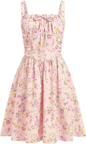 IMEKIS Women Floral Corset Dress Summer Spaghetti Strap Ruched Bust Going Out Tea Party Cocktail Short Sundress