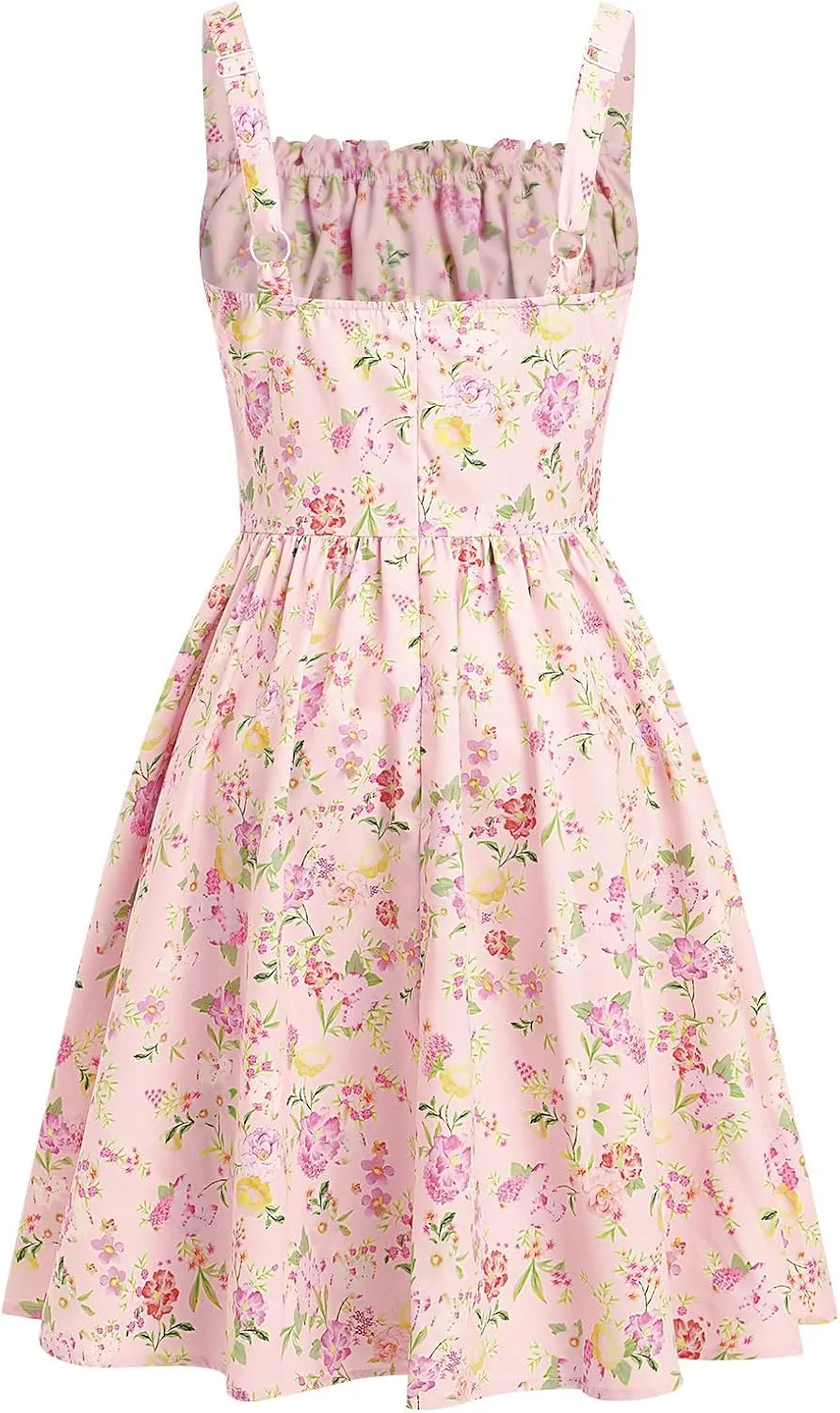 IMEKIS Women Floral Corset Dress Summer Spaghetti Strap Ruched Bust Going Out Tea Party Cocktail Short Sundress