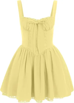 IMEKIS Women Summer Corset Mini Dress Sexy Spaghetti Straps Low Cut Backless Lace Short Boho Floral Sleeveless Streetwear