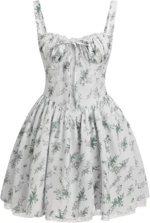 IMEKIS Women Summer Corset Mini Dress Sexy Spaghetti Straps Low Cut Backless Lace Short Boho Floral Sleeveless Streetwear