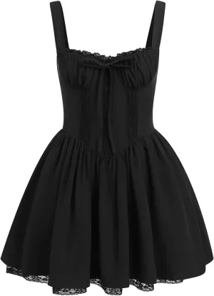 IMEKIS Women Summer Corset Mini Dress Sexy Spaghetti Straps Low Cut Backless Lace Short Boho Floral Sleeveless Streetwear