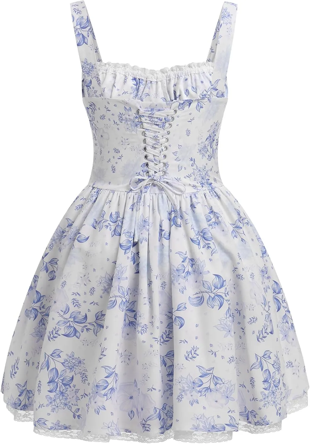 IMEKIS Women Summer Corset Mini Dress Sexy Spaghetti Straps Low Cut Backless Lace Short Boho Floral Sleeveless Streetwear