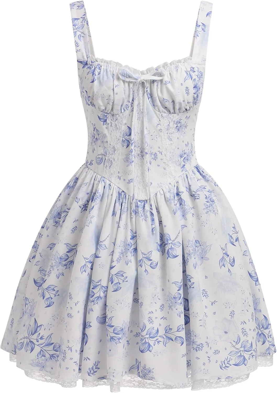 IMEKIS Women Summer Corset Mini Dress Sexy Spaghetti Straps Low Cut Backless Lace Short Boho Floral Sleeveless Streetwear
