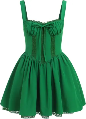 IMEKIS Women Summer Corset Mini Dress Sexy Spaghetti Straps Low Cut Backless Lace Short Boho Floral Sleeveless Streetwear