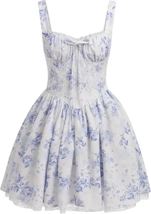 IMEKIS Women Summer Corset Mini Dress Sexy Spaghetti Straps Low Cut Backless Lace Short Boho Floral Sleeveless Streetwear