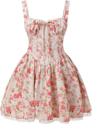 IMEKIS Women Summer Corset Mini Dress Sexy Spaghetti Straps Low Cut Backless Lace Short Boho Floral Sleeveless Streetwear