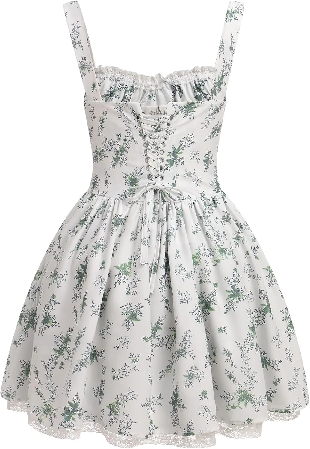 IMEKIS Women Summer Corset Mini Dress Sexy Spaghetti Straps Low Cut Backless Lace Short Boho Floral Sleeveless Streetwear