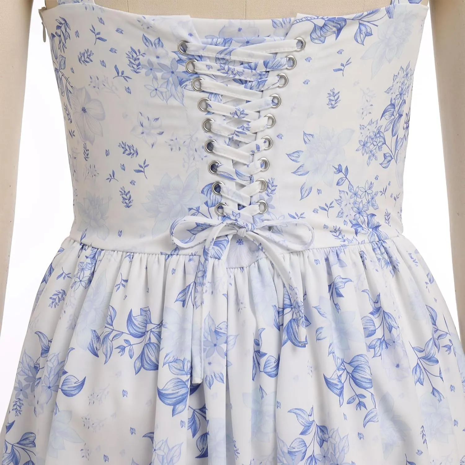 IMEKIS Women Summer Corset Mini Dress Sexy Spaghetti Straps Low Cut Backless Lace Short Boho Floral Sleeveless Streetwear