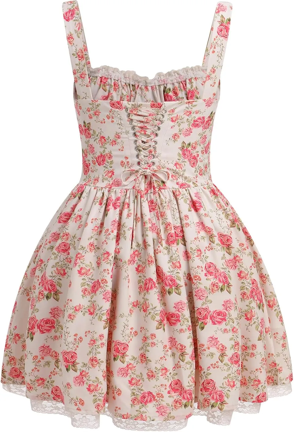 IMEKIS Women Summer Corset Mini Dress Sexy Spaghetti Straps Low Cut Backless Lace Short Boho Floral Sleeveless Streetwear