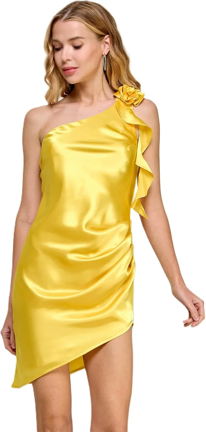Juniors' One Shoulder Satin Evening Dress W/Rosette Ruffle Detail & Asymmetrical Hem