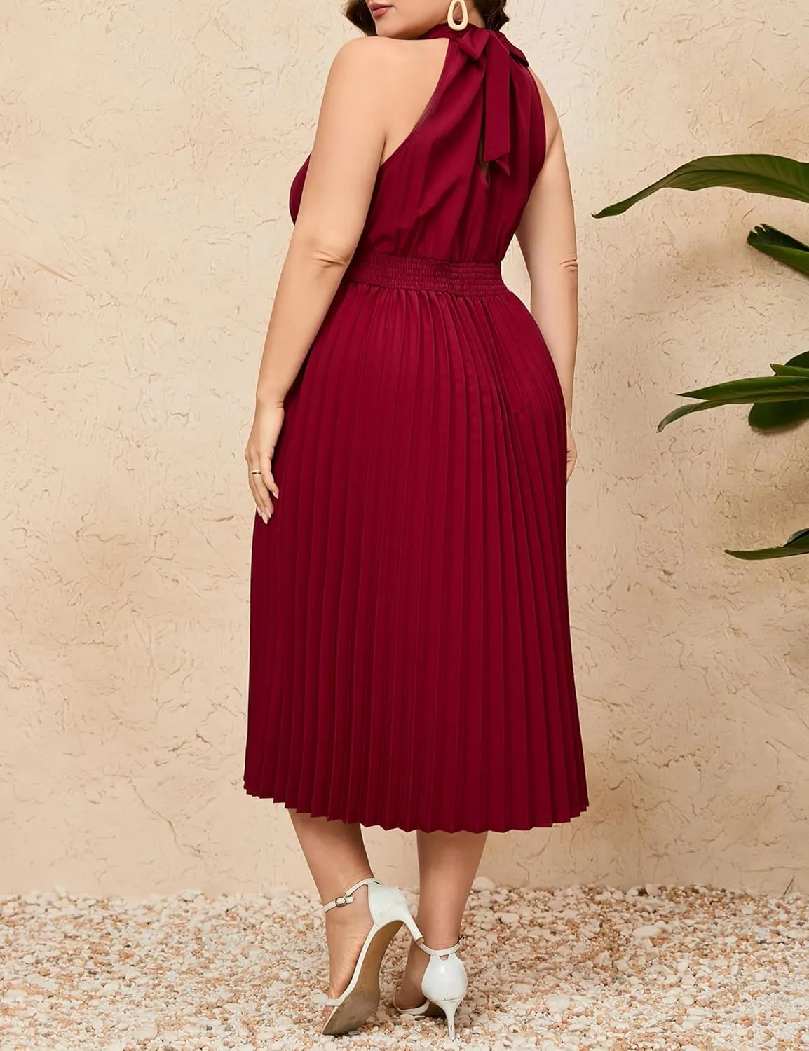 KOJOOIN Women's Plus Size Halter Neck Sleeveless Pleated Midi Dress Summer Backless Flowy Beach Sundress