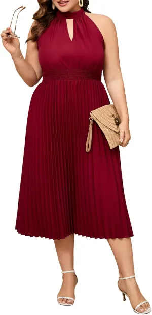 KOJOOIN Women's Plus Size Halter Neck Sleeveless Pleated Midi Dress Summer Backless Flowy Beach Sundress