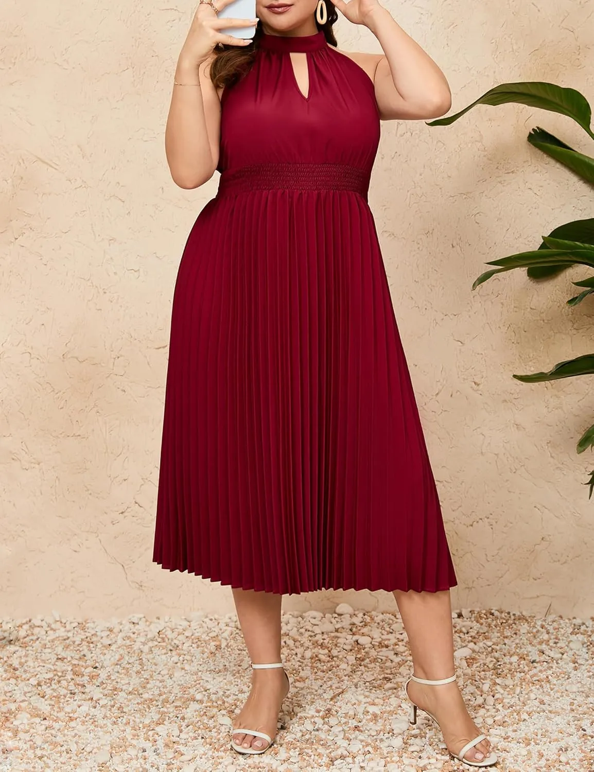 KOJOOIN Women's Plus Size Halter Neck Sleeveless Pleated Midi Dress Summer Backless Flowy Beach Sundress
