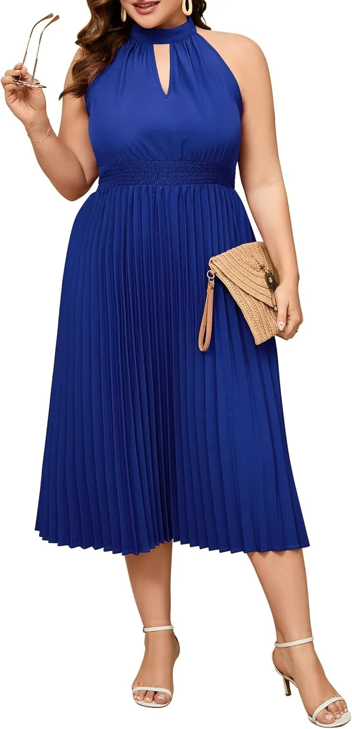 KOJOOIN Women's Plus Size Halter Neck Sleeveless Pleated Midi Dress Summer Backless Flowy Beach Sundress