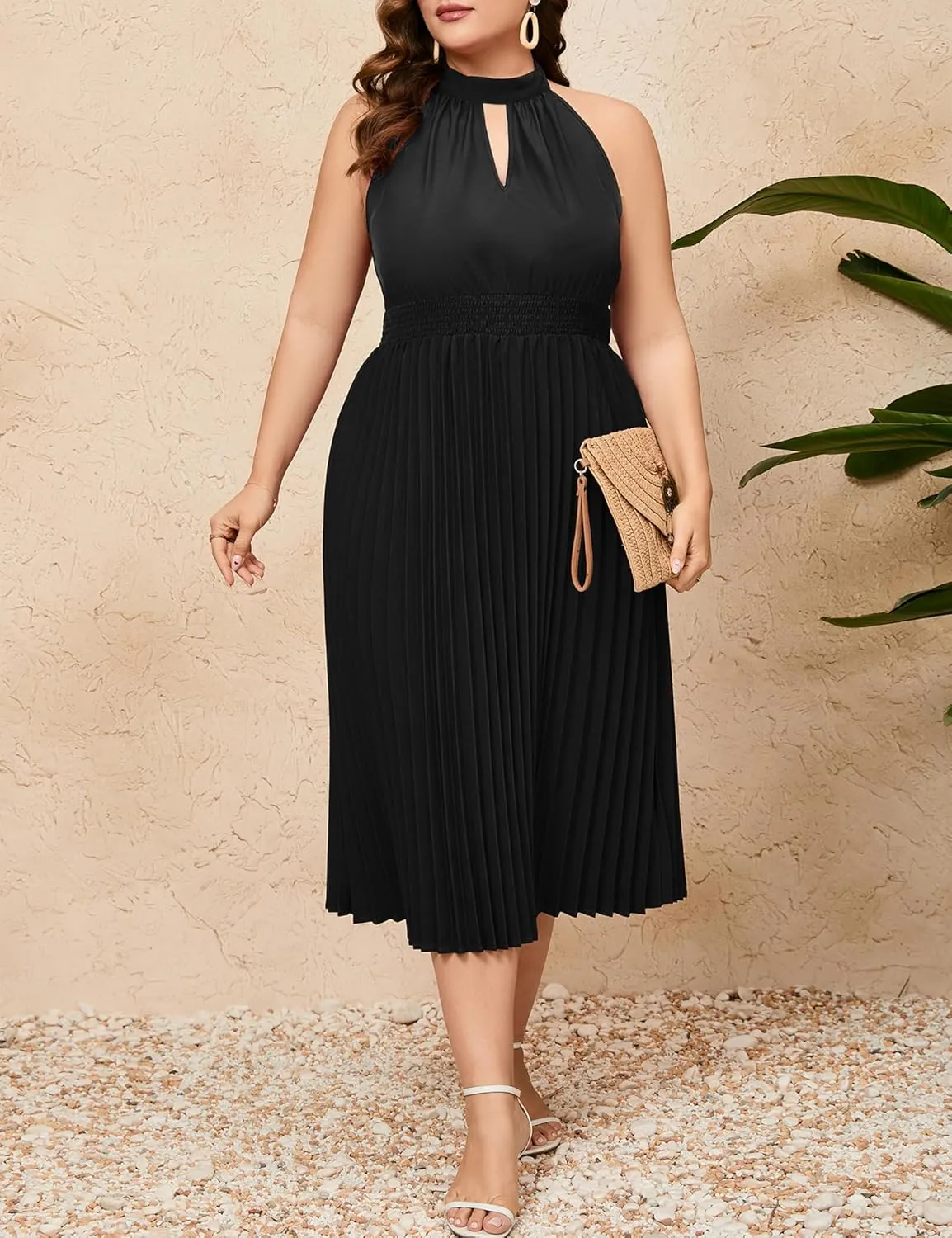 KOJOOIN Women's Plus Size Halter Neck Sleeveless Pleated Midi Dress Summer Backless Flowy Beach Sundress