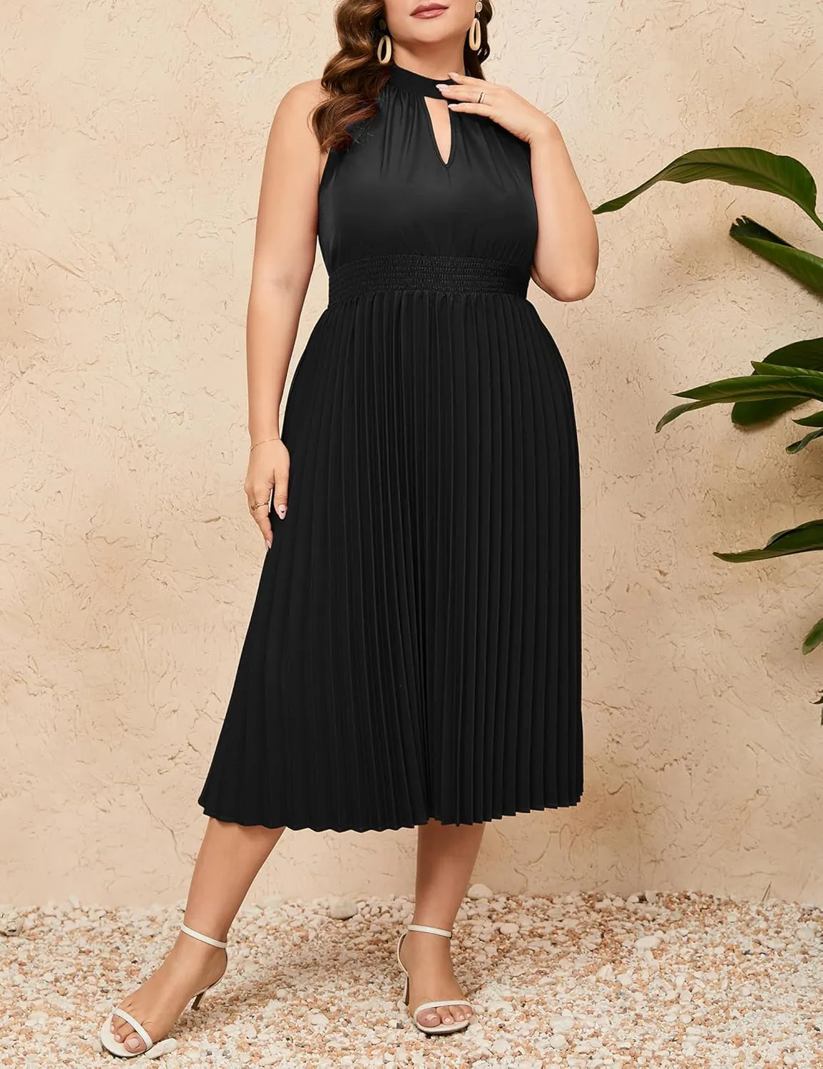KOJOOIN Women's Plus Size Halter Neck Sleeveless Pleated Midi Dress Summer Backless Flowy Beach Sundress