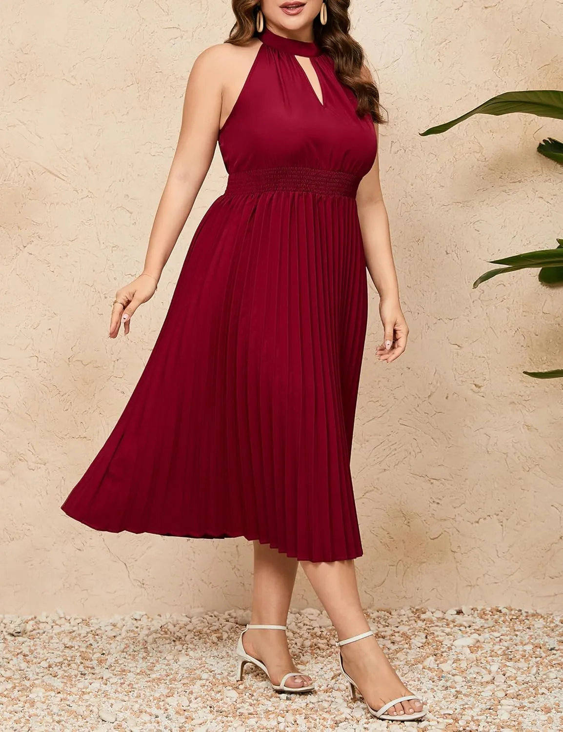 KOJOOIN Women's Plus Size Halter Neck Sleeveless Pleated Midi Dress Summer Backless Flowy Beach Sundress
