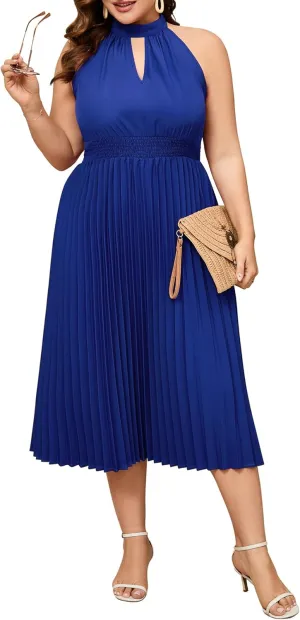 KOJOOIN Women's Plus Size Halter Neck Sleeveless Pleated Midi Dress Summer Backless Flowy Beach Sundress