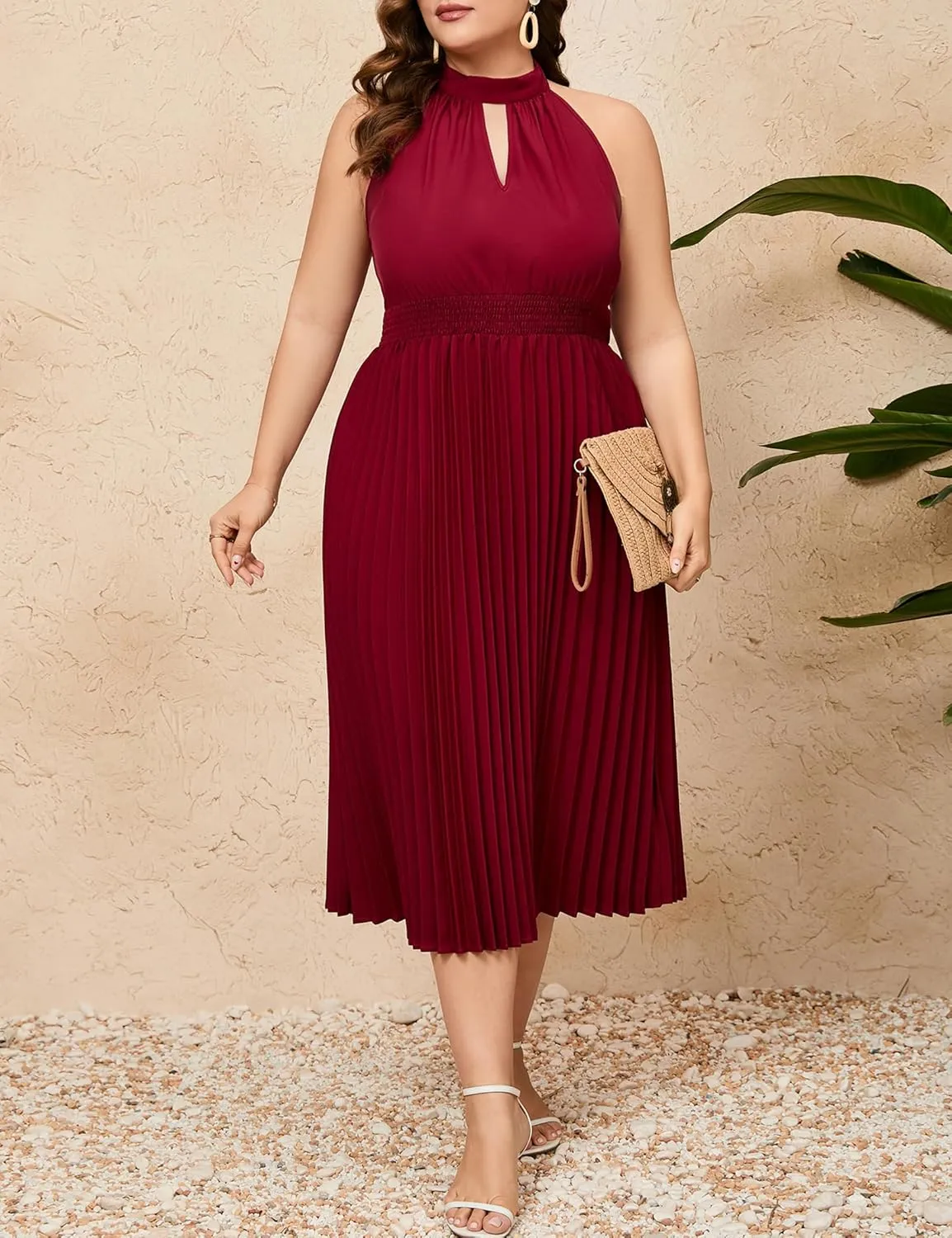 KOJOOIN Women's Plus Size Halter Neck Sleeveless Pleated Midi Dress Summer Backless Flowy Beach Sundress