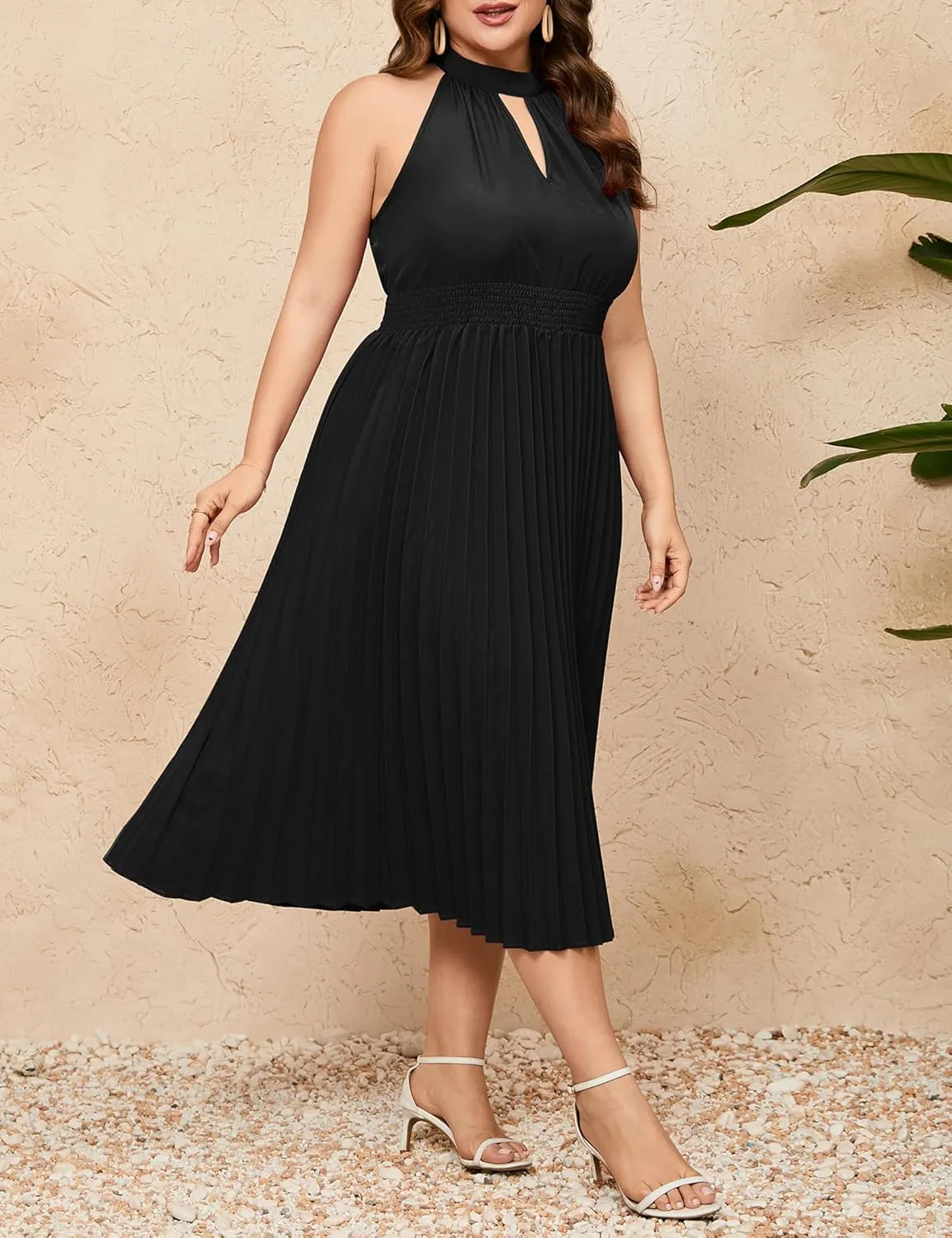 KOJOOIN Women's Plus Size Halter Neck Sleeveless Pleated Midi Dress Summer Backless Flowy Beach Sundress