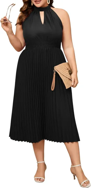 KOJOOIN Women's Plus Size Halter Neck Sleeveless Pleated Midi Dress Summer Backless Flowy Beach Sundress
