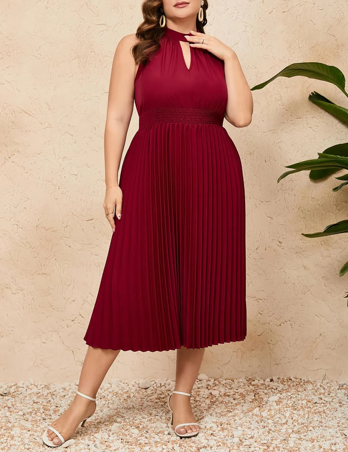 KOJOOIN Women's Plus Size Halter Neck Sleeveless Pleated Midi Dress Summer Backless Flowy Beach Sundress