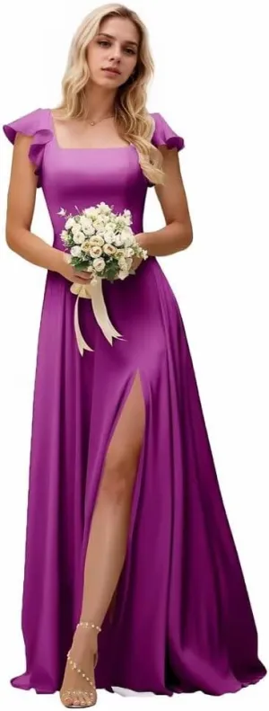 Kyeuan Side Slit Bridesmaid Dresses Long Ruffle Sleeve Square Neck Formal Evening Dress for Women Elegant